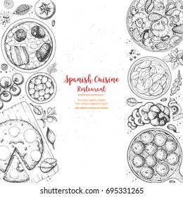 Spanish cuisine top view. A set of spanish dishes with albondigas, tortilla, fabada, paella, croquetas. Food menu design template. Vintage hand drawn sketch vector illustration. Engraved image