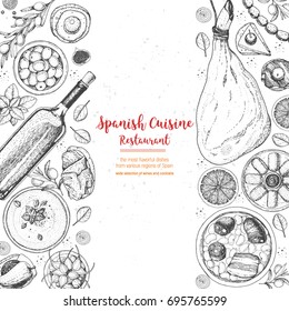 Spanish cuisine top view. A set of spanish dishes with jamon, fabada, gaspacho, tapas. Food menu design template. Vintage hand drawn sketch vector illustration. Engraved image