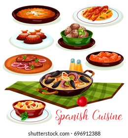 Spanish cuisine traditional seafood paella cartoon icon, served with mussel and shrimp, vegetable tortilla, chicken stewed in chilli tomato sauce, beef steak, baked potato and pork stew