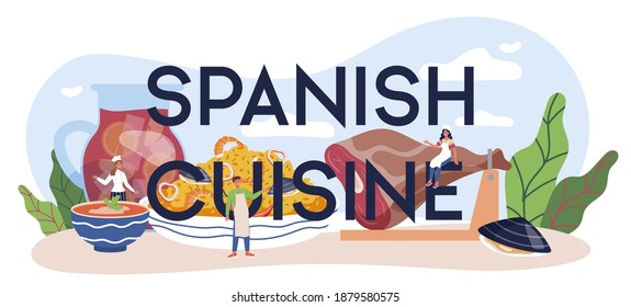 Spanish cuisine typographic header. Spanish traditional dish with seafood and rice on a plate. Chefs cooking healthy gourmet cuisine. Isolated vector illustration in cartoon style