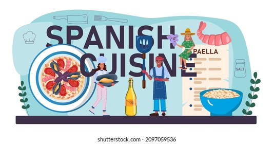 Spanish cuisine typographic header. Traditional paella dish with seafood and rice on a plate. Chefs cooking healthy gourmet cuisine. Isolated vector illustration in cartoon style