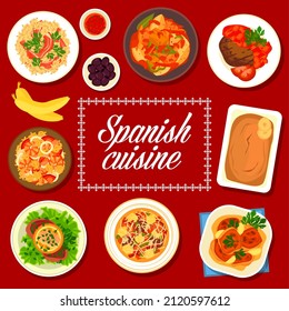 Spanish cuisine vector menu cover sevillian schnitzel, andalusian seafood paella, extremadura beef steak. Potato tuna stew marmitako, santaderian rice with ham, vegetable sausage soup olla podrida