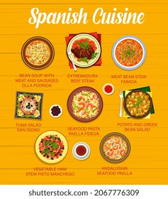 Spanish cuisine vector menu with restaurant dishes of seafood rice paella, vegetable fish salad and meat bean stew. Extremadura beef steak, potato salad, bean sausage soup and vegetable ham stew