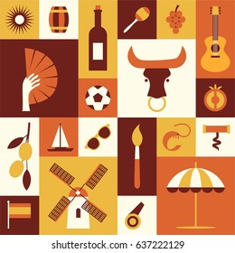 Spanish cultural symbols. Set of flat icons. Travel concept. Traditional cuisine and clothes, nature and landmarks of Spain. Isolated elements on color background. Vector illustration for Your design.