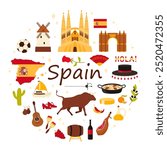 Spanish culture elements and architecture, famous food of Spain in round infographic banner. Flamenco dancer shoes and fan, bull and bullfighter hat, soccer ball and paella cartoon vector illustration