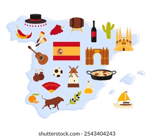 Elementos da cultura espanhola e bandeira do país, marcos famosos e comida no mapa infográfico da Espanha. Corrida e flamenco dança símbolos, paella e azeite, barco de férias desenho animado vetor ilustração