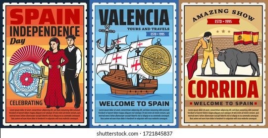 Spanish culture flamenco dance and corrida bulls show, ceramics and marine museum, national costumes. Barcelona and Madrid, Valencia tours vector posters. Spain history, travel landmarks, folk culture