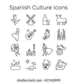 Spanish Culture Line Vector Icons Set