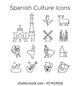 Spanish Culture Line Vector Icons Set