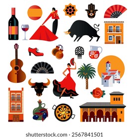 spanish culture signs and symbols, buildings, flamenco, corrida, town