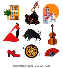 spanish culture signs and symbols, buildings, flamenco, corrida, town