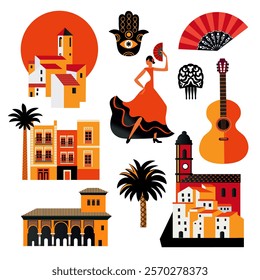 spanish culture signs and symbols, buildings, flamenco, corrida, town