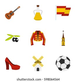 Spanish culture symbols icons set. Flat illustration of 9 Spanish culture symbols vector icons for web