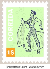 Spanish culture and traditions, Corrida Spain postcard or imprinting for letters. Man with cape bullfighting. Postmark design, postal stamp in monochrome sketch outline. Vector in flat style