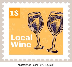 Spanish culture and traditions, local wine of Spain. Alcoholic beverage produced on farms. Postcard or imprinting. Postmark design, postal stamp in monochrome sketch outline. Vector in flat style