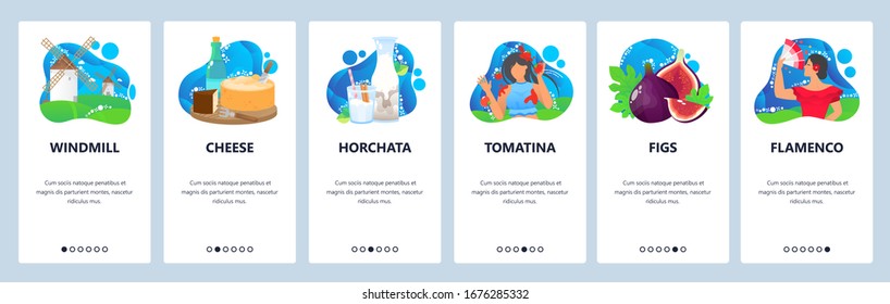 Spanish culture web site and mobile app onboarding screens. Menu banner vector template for website and application development with blue abstract shapes. Spanish cuisine, flamenco, tomatina festivals