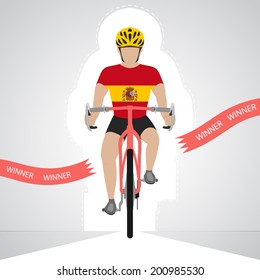 Spanish cyclist in front view crossing red finish line vector isolated illustration