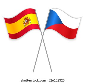 Spanish and Czech crossed flags. Spain combined with Czech Republic isolated on white. Language learning, international business or travel concept.