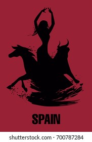Spanish dancer, bull and horse. Vector Illustration