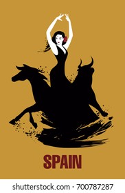 Spanish dancer, bull and horse. Vector Illustration