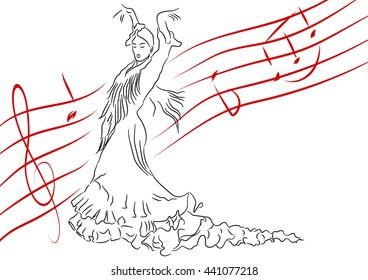 Spanish dancing woman in a long dress against a background of music