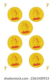 Spanish deck of cards game. Number 7 Gold. Hand drawn vector illustration, stylized in traditional line art. art decorations, print for decoration. Isolated background