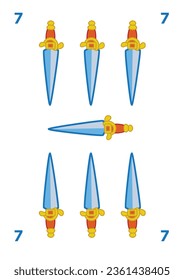Spanish deck of cards game. Number 7 swords. Hand drawn vector illustration, stylized in traditional line art. art decorations, print for decoration. Isolated background
