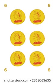 Spanish deck of cards game. Number 6 gold. Hand drawn vector illustration, stylized in traditional line art. art decorations, print for decoration. Isolated background