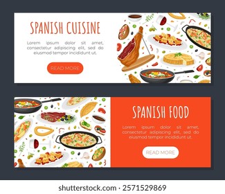 Spanish Dish and Food Banner Design with Traditional Meal Vector Template