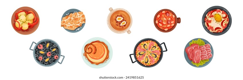 Spanish Dish and Food of Mediterranean Cuisine Vector Set