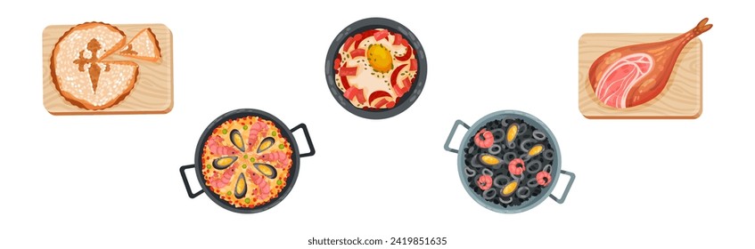 Spanish Dish and Food of Mediterranean Cuisine Vector Set