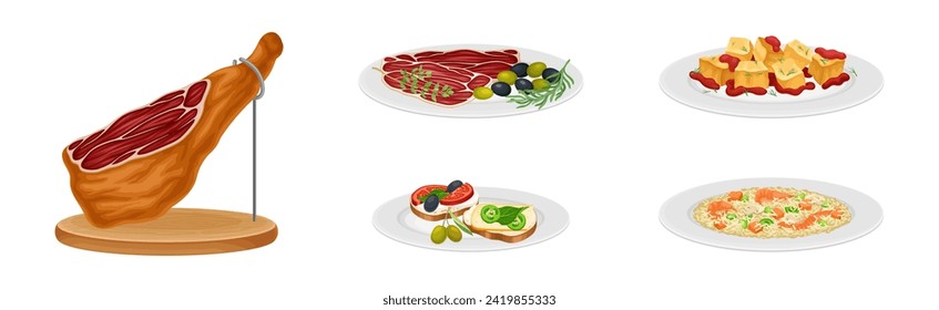 Spanish Dish and Food of Mediterranean Cuisine Vector Set