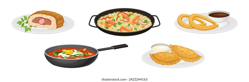 Spanish Dish and Food of Mediterranean Cuisine Vector Set