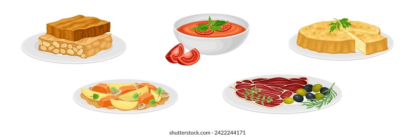 Spanish Dish and Food of Mediterranean Cuisine Vector Set