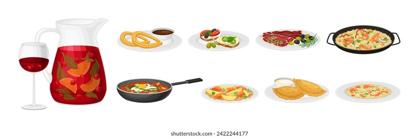 Spanish Dish and Food of Mediterranean Cuisine Vector Set