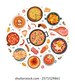 Spanish Dish and Food Round Composition with Traditional Meal Vector Template