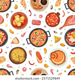 Spanish Dish and Food Seamless Pattern with Traditional Meal Vector Template