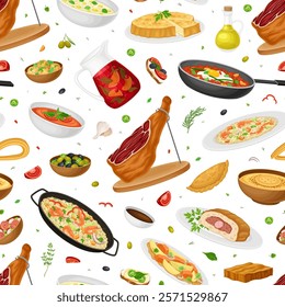 Spanish Dish and Food Seamless Pattern with Traditional Meal Vector Template