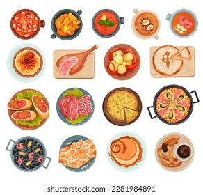 Spanish Dish and Food Served for Restaurant Menu as National Cuisine Big Vector Set