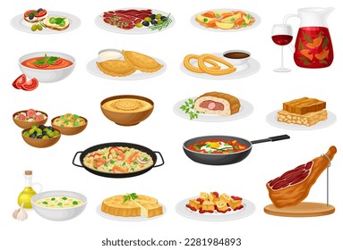 Spanish Dish and Food Served for Restaurant Menu as National Cuisine Big Vector Set