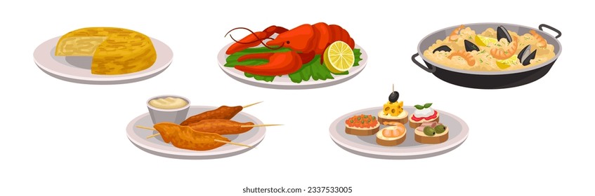 Spanish Dish and Food Served for Restaurant Menu Vector Set