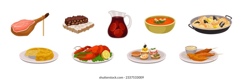 Spanish Dish and Food Served for Restaurant Menu Vector Set