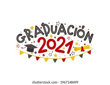 Spanish Doodle Logo for the 2021 graduate with a masters cap, rolled scroll, flags and stars. Vector illustration for badge or emblem. Isolated on white background