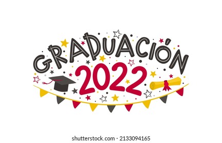 Spanish Doodle Logo for the 2022 graduate with a bachelor cap, rolled scroll, flags and stars. Vector illustration for badge or emblem. Isolated on white background. Translation: Graduation