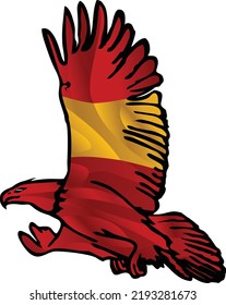 Spanish Eagle soars in the sky. The flag of Spain covers the wings of an Eagle. A Cool Eagle is exploring its territory. National vector illustration.