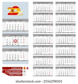 Spanish and English language calendar for 2025 year. Week starts from Monday. Ready for print. Vector Illustration.