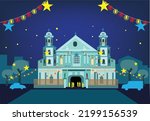 A Spanish Era Church with Decors during Christmas Season in the Philippines. Editable Clip Art.