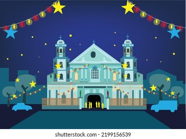 A Spanish Era Church with Decors during Christmas Season in the Philippines. Editable Clip Art.