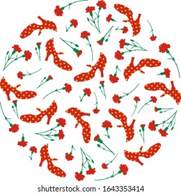 Spanish fair. Circular pattern of flamenco shoes and red carnations on white background