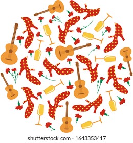 Spanish fair. Circular pattern of flamenco shoes, Spanish guitar, red carnations and wine glasses on white background